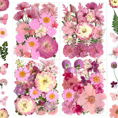 LUCISKY 132Pcs Pink Pressed Dried Flowers and Butterfly for Resin Molds, Real Natural Bulk Dry Floral Leaves Stickers for DIY Art Crafts, Jewelry, Candle, Soap Crafts Making