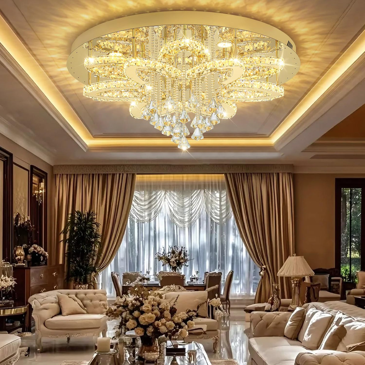 Flashing God 32'' Modern Crystal Chandeliers for Living Room Crystal Ceiling Light Fixture LED Dimmable Pendant Lighting Flush Mount Ceiling Chandelier for Dining Room Bedrooms Foyer Gold