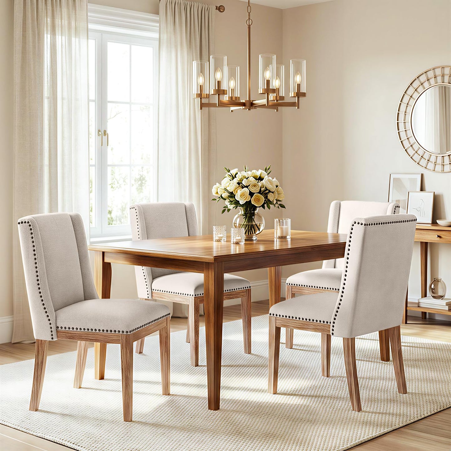 MALOL Upholstered Dining Chairs Set of 4, Premium Fabric Accent Chairs with Nailhead Trim, Curved Backrest & Solid Wood Legs for Dining Room, Kitchen & Living Space, Beige