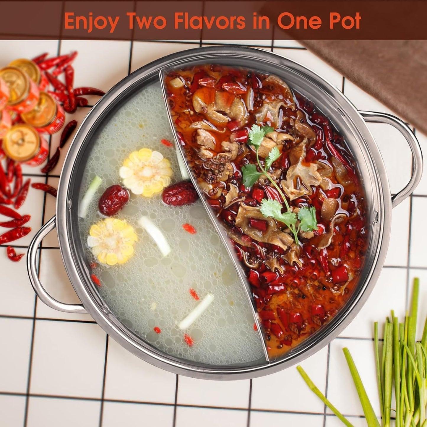 Stainless Steel Pot with Divider for Double-Flavor Soup Cooking, Suitable for Family Gatherings