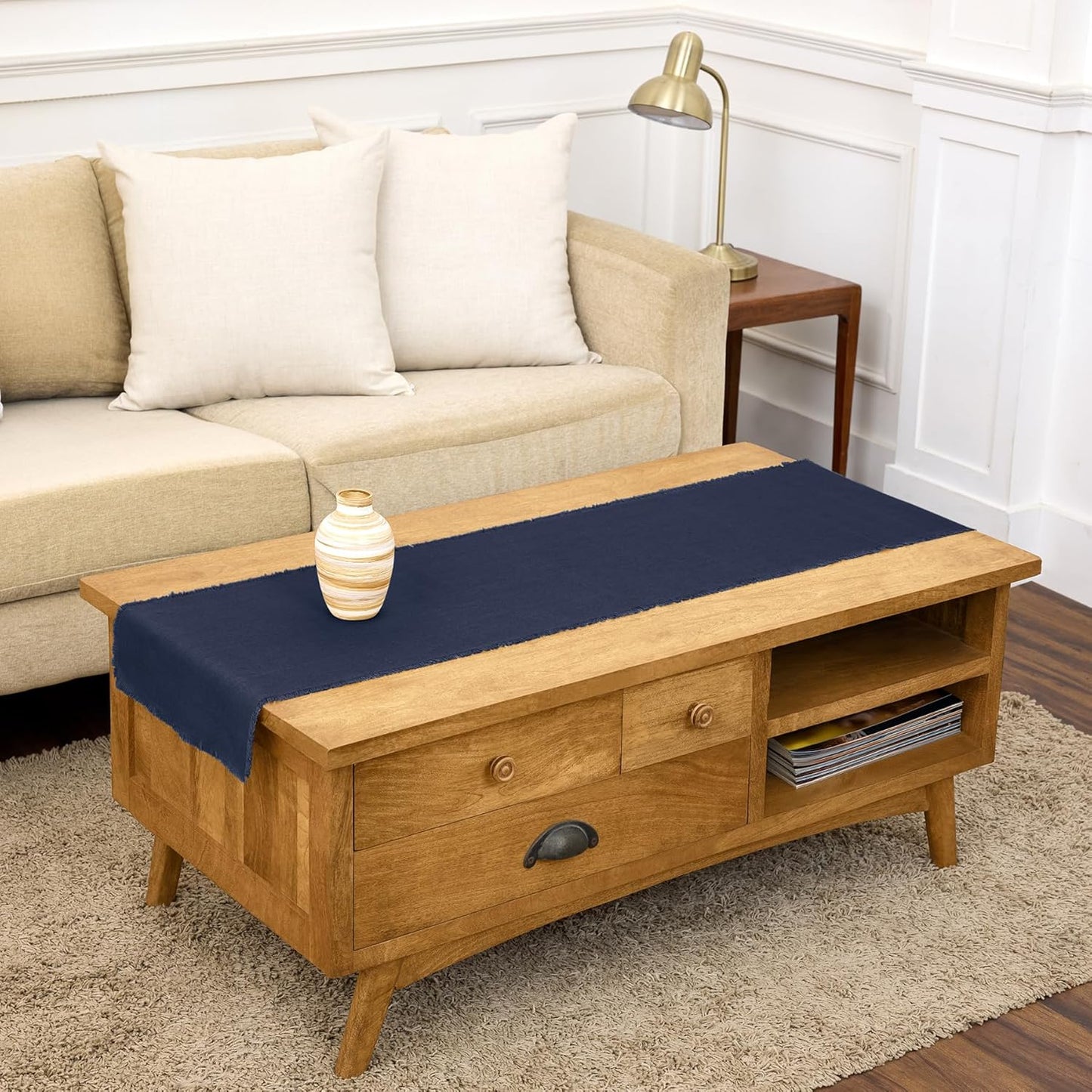 60 Inches 100% 14 60 Inch Solino Home Navy Blue Linen Table Runner - Fringe, Pure Linen Coffee Table Runner x