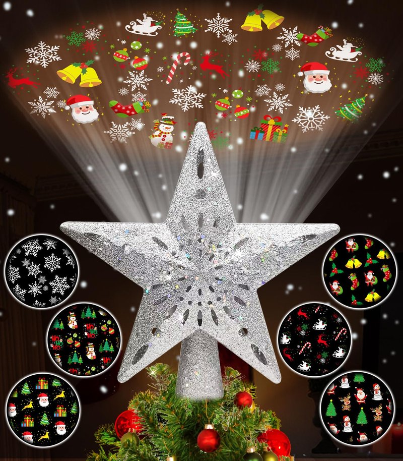 Tsorode Christmas Tree Topper Lighted,Star Tree Topper with Projector Built-in LED Rotating Lights with 6 Projection Modes,3D Glitter Dynamic Projection Christmas Decorations (Silver)