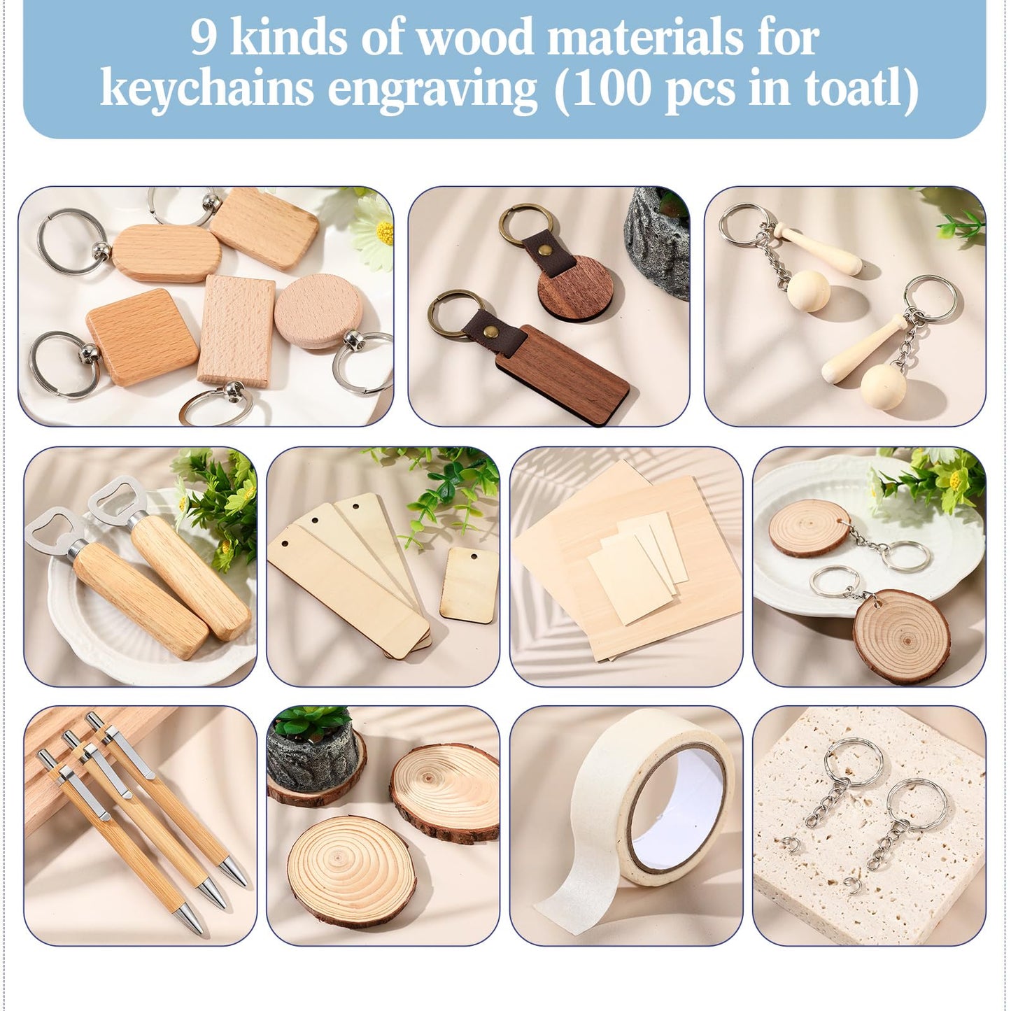 Briwooody 100 Pcs Laser Material Kit Engraving Blanks Wooden Keychains Blanks Set Laser Cutting Materials Unfinished Wooden Engraving Key Tag Ring for DIY Gifts Crafting Cutters