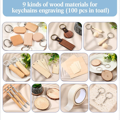 Briwooody 100 Pcs Laser Material Kit Engraving Blanks Wooden Keychains Blanks Set Laser Cutting Materials Unfinished Wooden Engraving Key Tag Ring for DIY Gifts Crafting Cutters