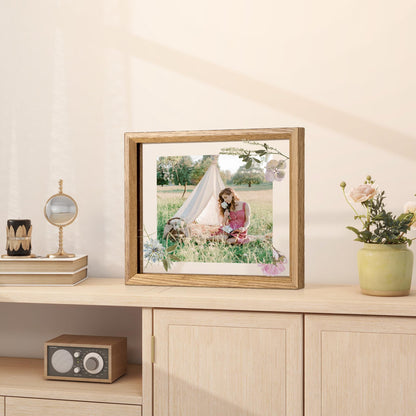 Axeman 8x10 Floating Picture Frame - Solid Oak Wood Picture Frame, Double Tempered Glass Photo Frame 2x3 4x6 5x7 6x8 8''x10'' Wood Frame, Wall Mount Or Tabletop Standing, Natural