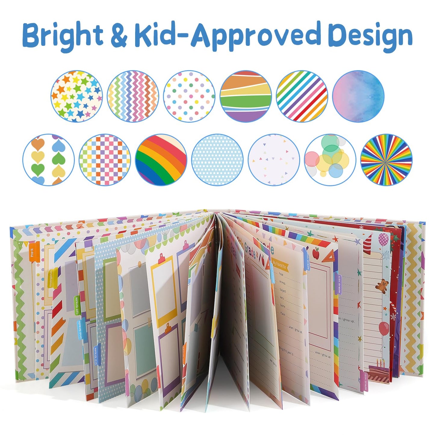 Scrapbooking Albums for Kids School Years Memory Book, Preschool to 12th Grade, 17 Pocket Pages for Photos & Artwork, Includes Birthday/Christmas/Halloween Pages, Index Tabs & Ruler, Gift-Ready Box