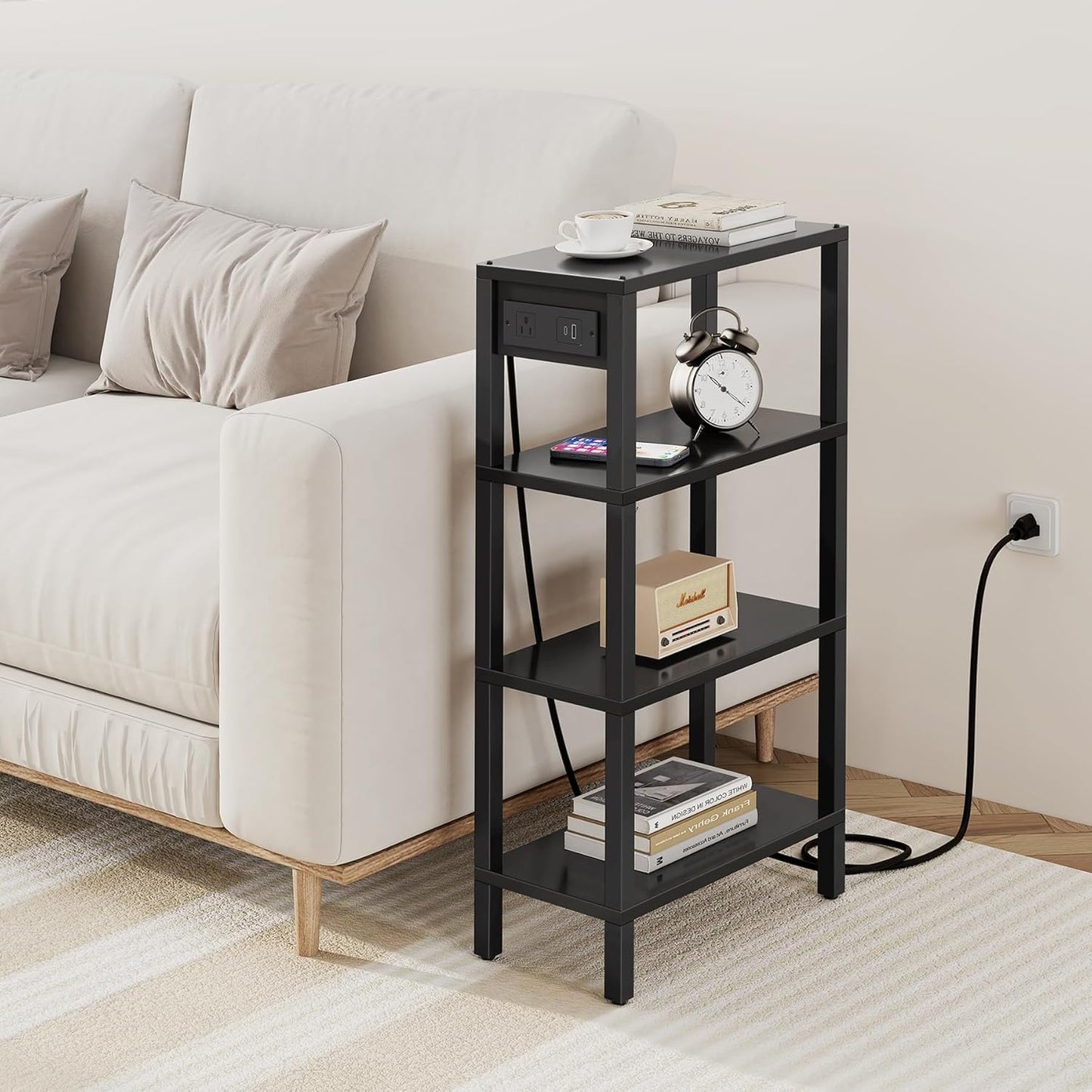 TB01BK080 TUTOTAK Narrow Side Table with Charging Station,Small End Table with USB Ports and Outlets, Skinny Sofa