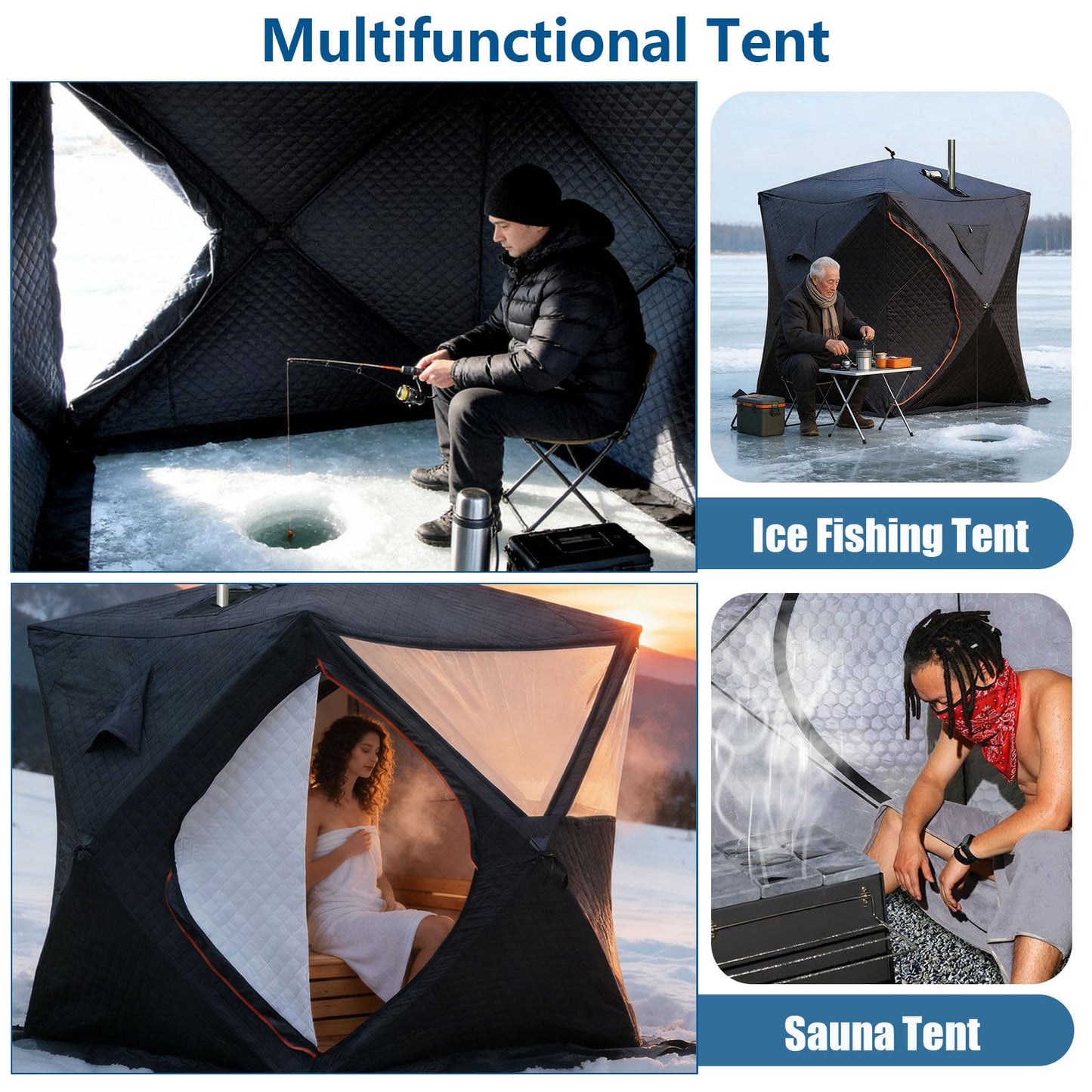 WACLMOTAKE Outdoor Sauna Tent Pro, Portable 4 Person Ice Fishing Tent 3-Layer Insulated Ice Fishing Shelter with 210D Oxford Fabric, All-Weather, Insulated, Solid, Panoramic View ice-Fishing-1.8m