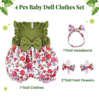 BABESIDE 3 Pcs Reborn Baby Doll Clothes Set for 17-20 Inch Babys Doll, Floral Jumpsuit, Bow Headband and Socks for Realistic Dolls Girl