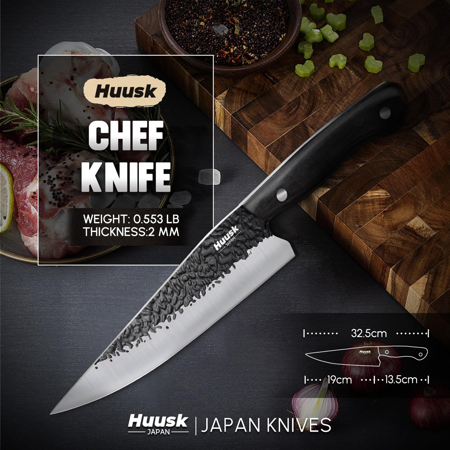 Huusk Chef Knife Japanese Kitchen - Hand Forged Viking Knife for Meat Cutting - Ideal Kitchen Knife Made From a Single Piece of High Carbon Steel Christmas Gift for Men and Women