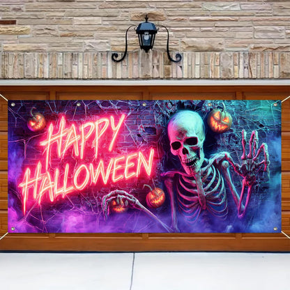 HOMETITUTE Halloween Garage Door Banner 13x6ft Neon Skeleton Decor Happy Halloween Sign Pumpkin Lantern Brick Wall Spider Web Spooky Party Decorations Creepy Backdrop Indoor Outdoor