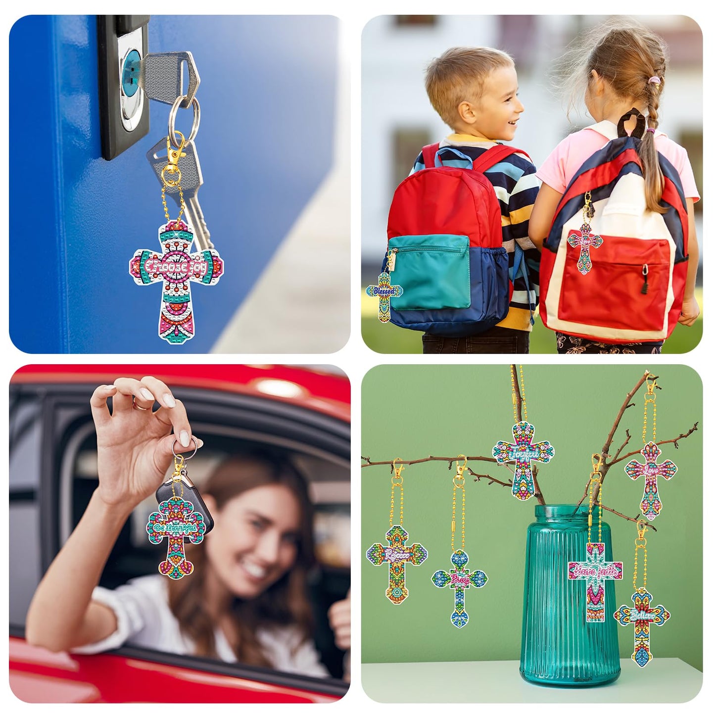 INCOK Cross Diamond Painting Keychains - 12PCS 5D Diamond Art Christian DIY Key Chain Kit DIY Key Ring Inspirational Gift Pendant for Beginner Adults Crafts Ornament