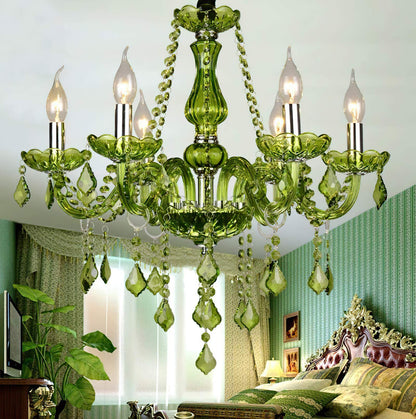 Green K9 Crystal Candle Chandeliers Lighting Modern Pendant Lights Ceiling Fixture Lamp for Dining Living Room Bedroom Hallway Entry Elegant Decoration 6 Lights E12 Base, H20.5 x W23.6 Inch (Upgraded)