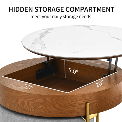 YITAHOME 32" L Round Marbling Pattern Slate Coffee Table with Storage 3 Stools Wood Rustic Boho Lift Top Coffee Table Set for Living Room