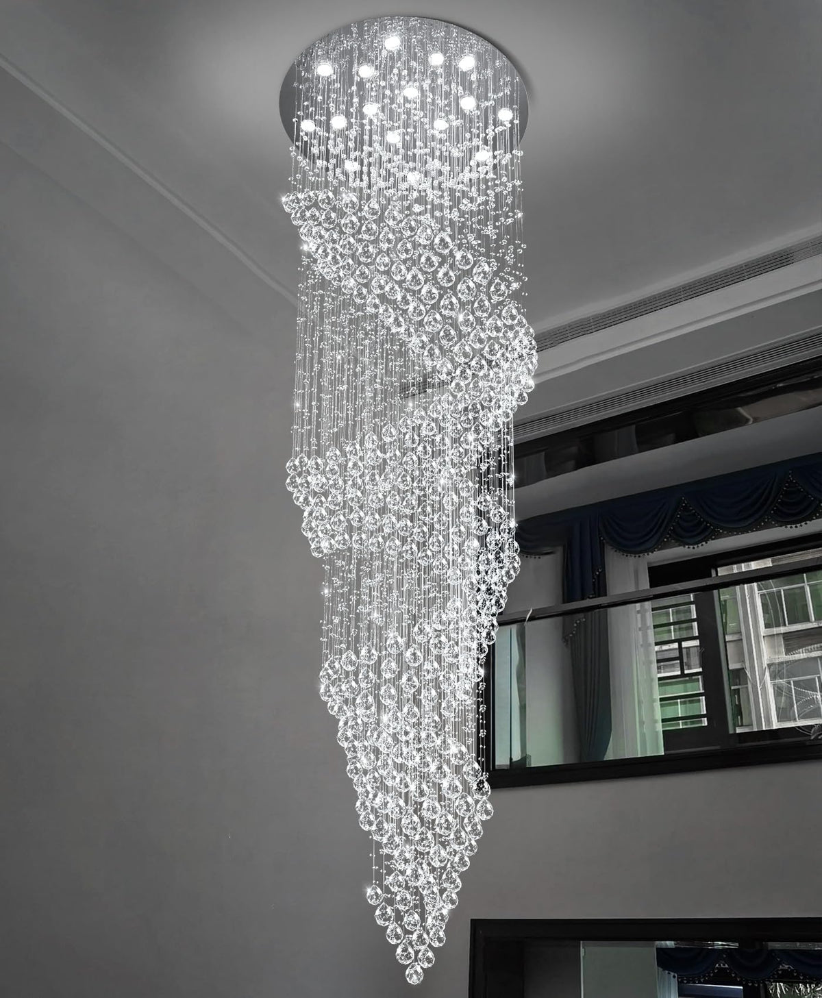 cenozo D40'' x H120'' Crystal Chandelier for Staircaes Glam Chandelier Large Raindrop Chandeliers LED Dimmable High Ceiling Light Fixtures for Hallway Foyer Silver