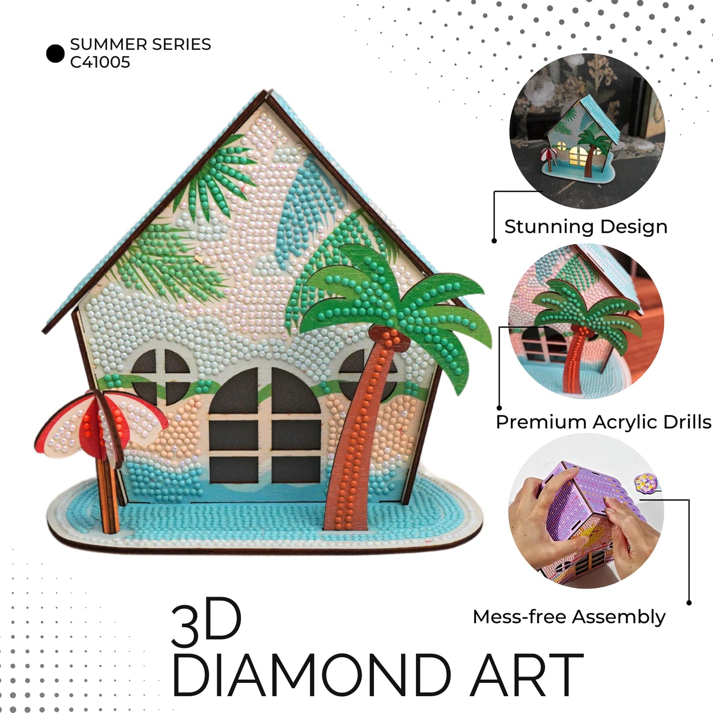 3D Diamond Painting Cabin Kit – DIY Full Drill Miniature House Craft with Rhinestones, Decorative Building Set for Adults & Teens (Beach House Cabin)
