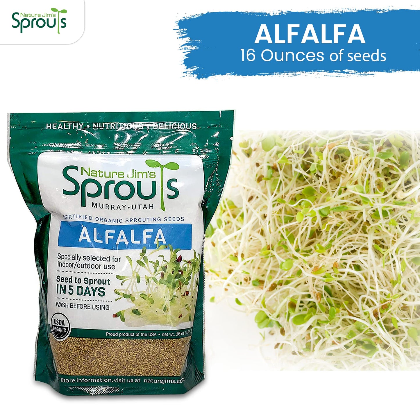 Nature Jims Sprouts alfalfa Seeds – 16 Oz Organic Sprouting Seeds – Non-GMO Premium Alfalfa Seeds – Resealable Bag for Longer Freshness – Rich in Vitamins, Minerals, Fiber