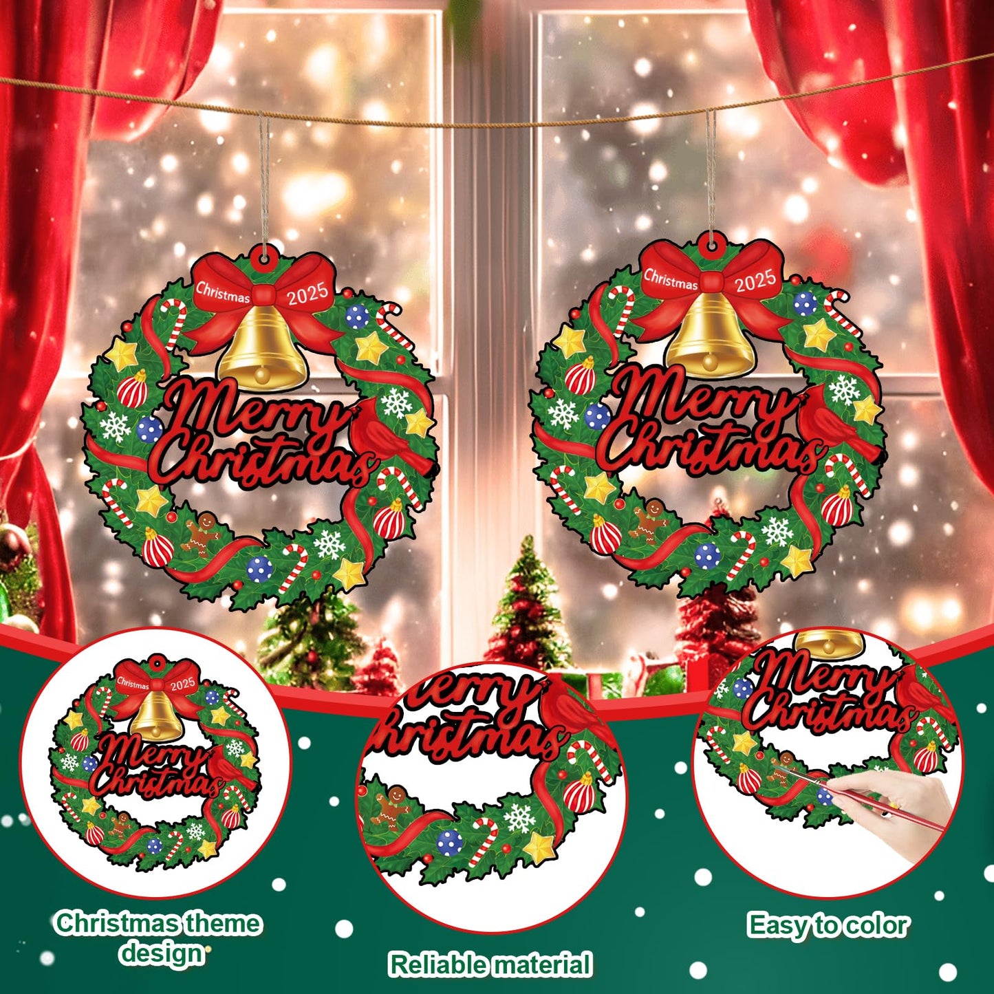 Sereliy 24 Pcs Christmas Coloring Wreath Crafts, Color Your Own Christmas Crafts, DIY Paper Xmas Wreath for Classroom Activities, Games. (Bell)