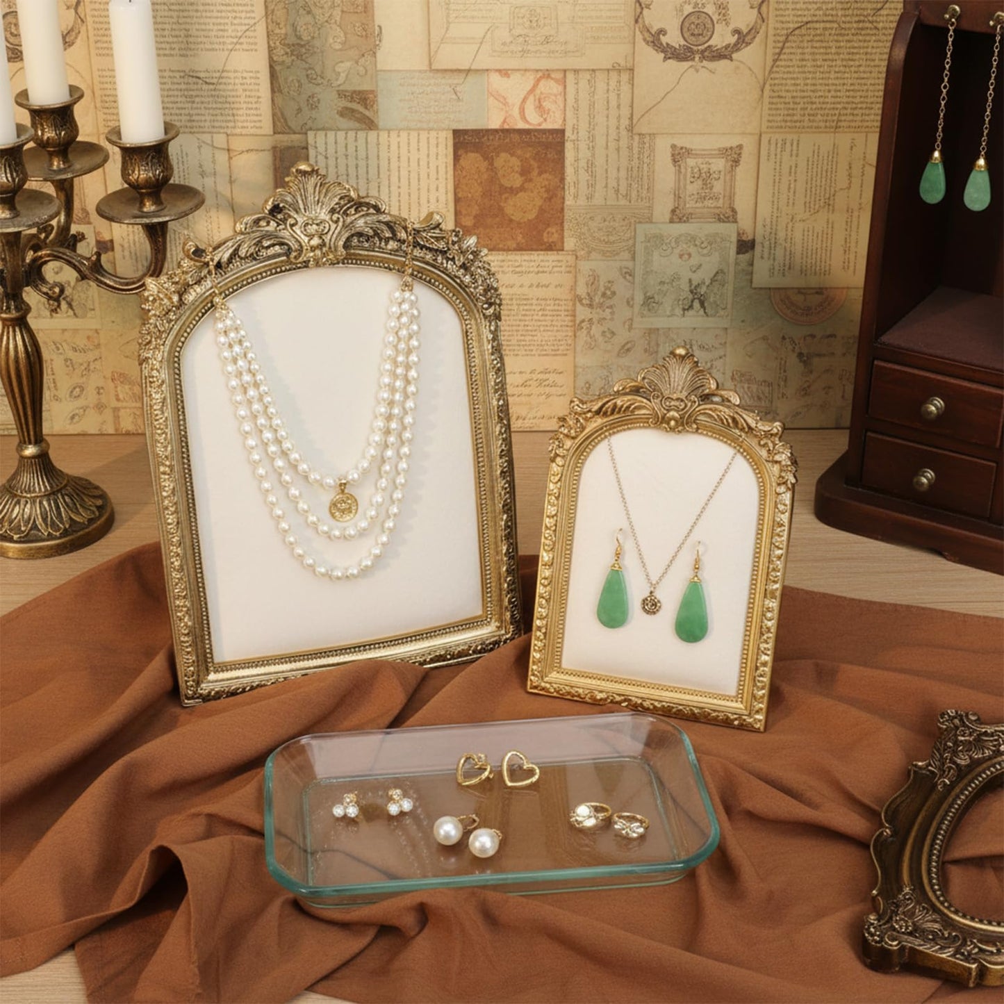 AOZUO 2 Pcs Gold Resin Jewelry Display Stand with Velvet Backing, Vintage Necklace Organizer Ring Holder Earring Holder Jewelry Photography Props Frame for Women Wedding Gifts