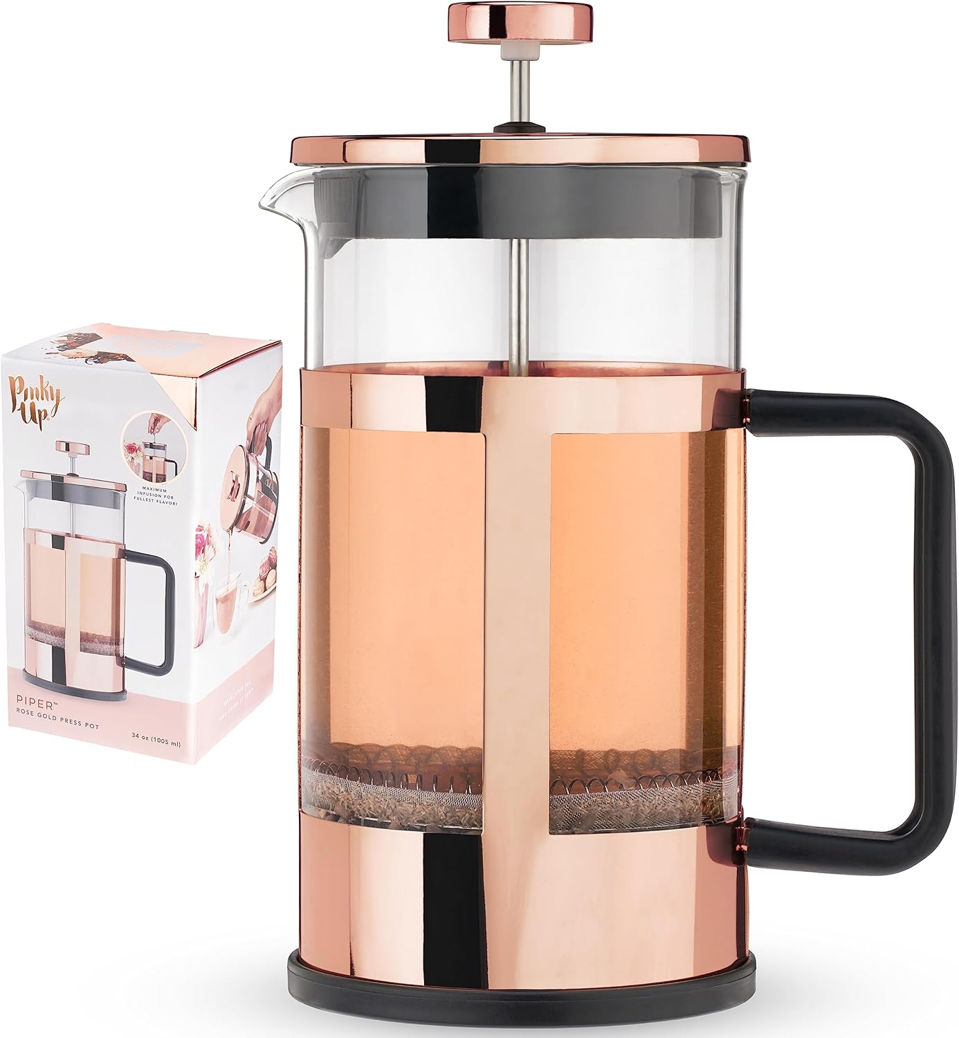 Pinky Up Piper 34 oz Rose Gold Tea Press Pot, French Press for Loose Leaf Tea and Coffee