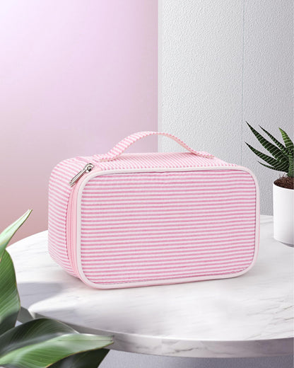 Relavel Cute Makeup Bag for Girls, Portable Pink Cosmetic Bag, Dual-layer Makeup Pouch with Brush Holder, Multi-Functional Preppy Toiletry Organizer for Travel, Daily Use - Pink Strip