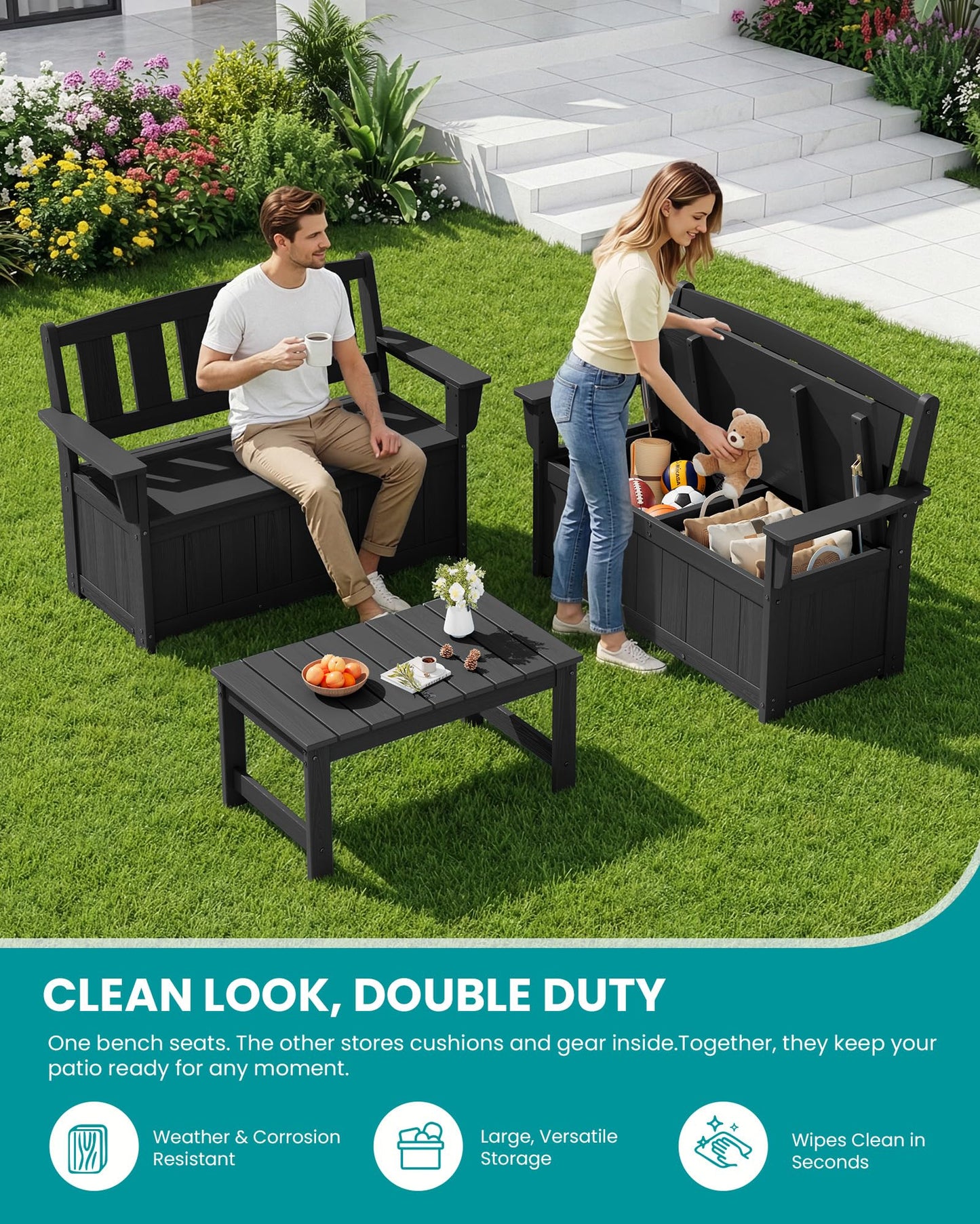 SERWALL HDPE Outdoor Storage Bench, All-Weather, UV-Resistant Deck Box with Waterproof Storage Bags, 57 Gallon Dual-Use Seat & Organizer Deck Boxes for Patio, Garden Tools & Pool (Dark Black)