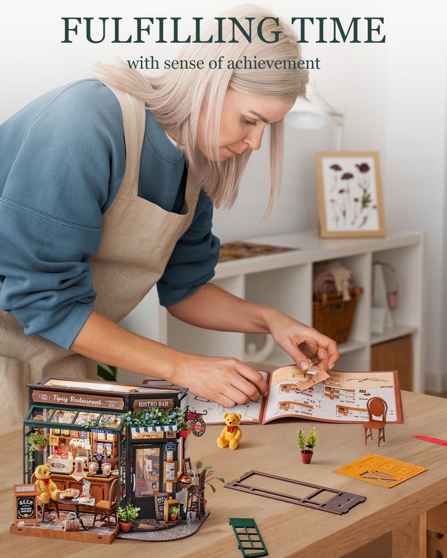 Rolife DIY Miniature House Kit 1:18 Coffe&Bar Dollhouse Diorama Model, Build Mini House Building Kit with LED Light Hobby Crafts for Adults Gift for Him Her (Tipsy Restaurant)