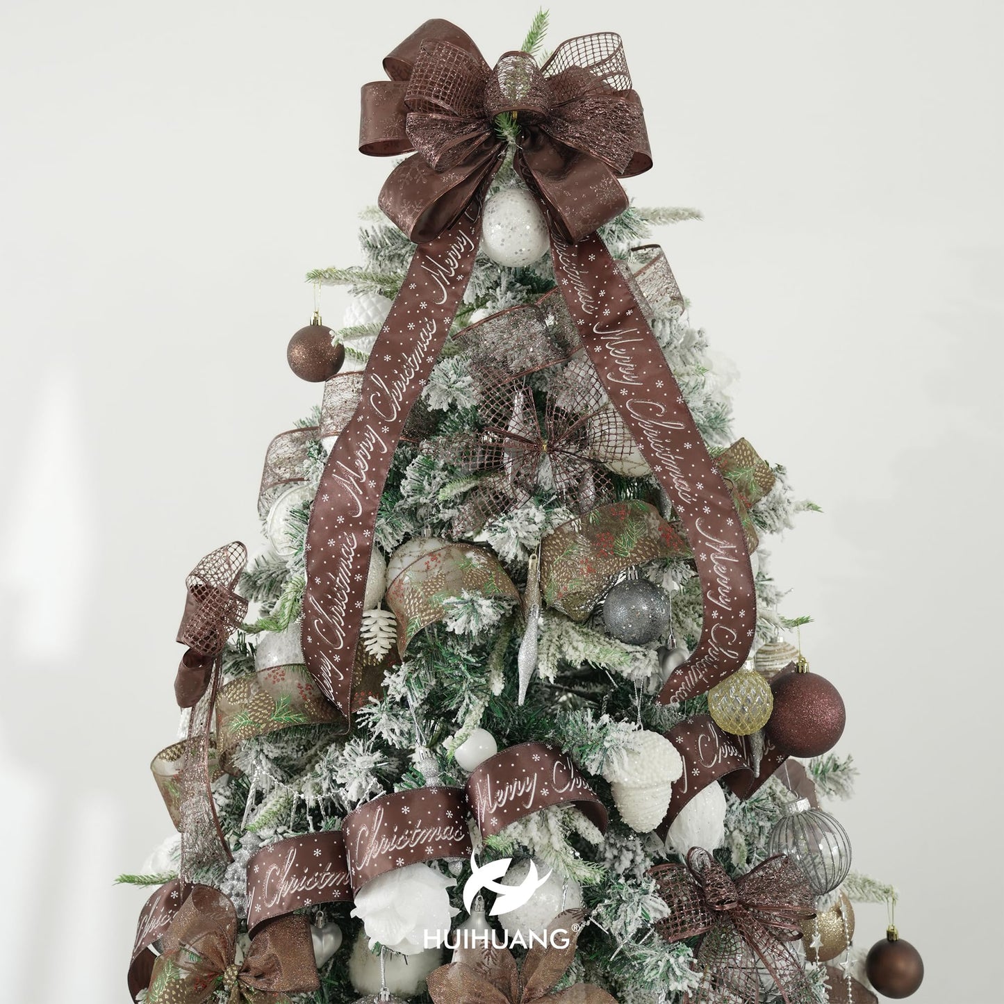 HUIHUANG Brown Wired Ribbon for Christmas Tree Pine Cone Ribbon Wired Brown Glitter Christmas Ribbons for Bows, Wreaths, Garland, Wrapping Crafts, Fall Decorations (2.5" x 6 Rolls, 36 Yds Total)