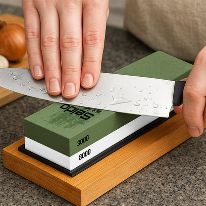Seido Knives Professional Whetstone Set, Knife Sharpening Stone Kit Dual Grit Whetstone 400/1000 3000/8000 Knife Sharpener with Leather Strop
