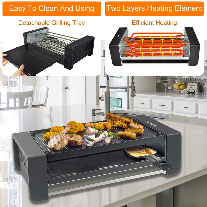 TAMARIT Raclette Party Grill Portable Indoor Electric Korean BBQ Grill 2 in 1 Raclette Table Griddle with Nonstick Coating Plate 4 Pizza Pans 8 Cheese Trays Upper and Lower Heater, PFAS-No