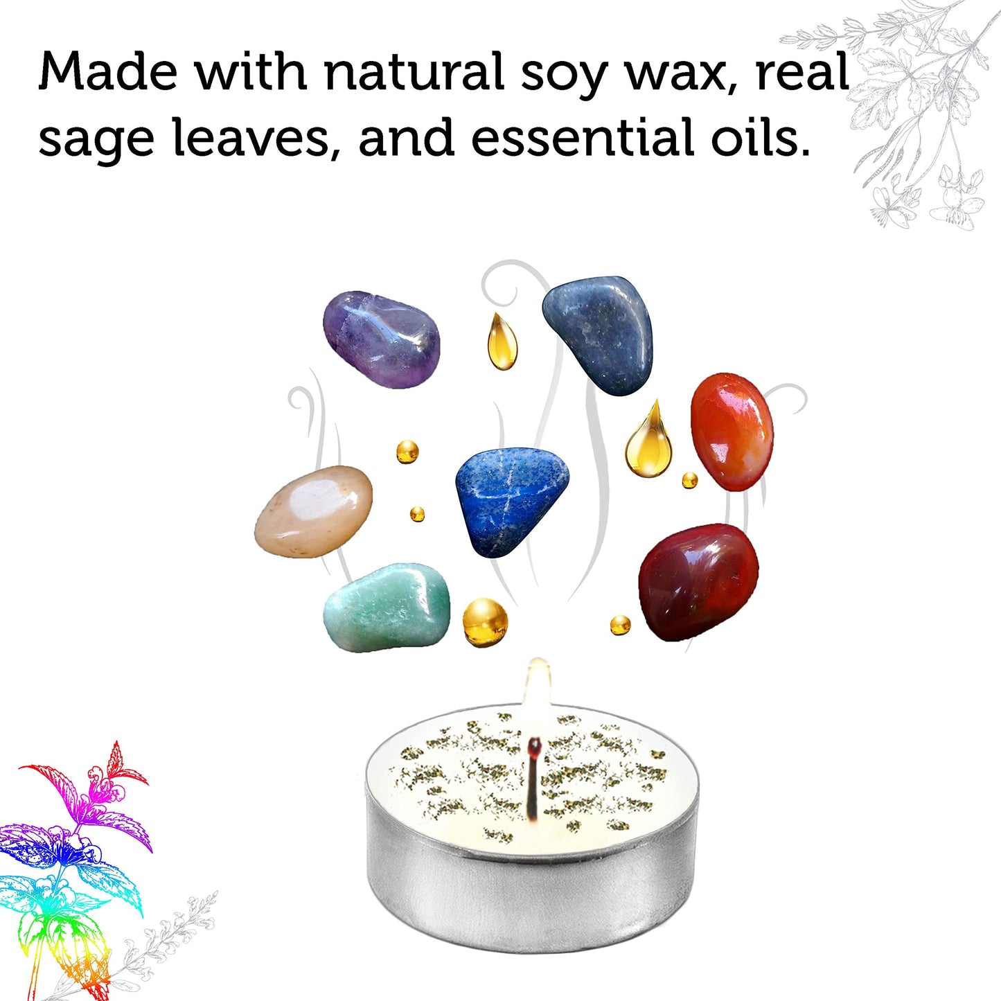 SOUL STICKS 12 Pack Little Smudgies Tealight Candles Smudge Candle for Cleansing House, Meditation, Chakra Healing | Made with Crystals and Herbs (7 Chakra)