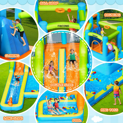FINCOME Water Bounce House with Double Slide for Kids 3-10, Large Inflatable Water Bouncy Castle with Long Water Slide Jumping Climbing Pool Air Blower, Bouncy House for Party Birthday Holiday Summer