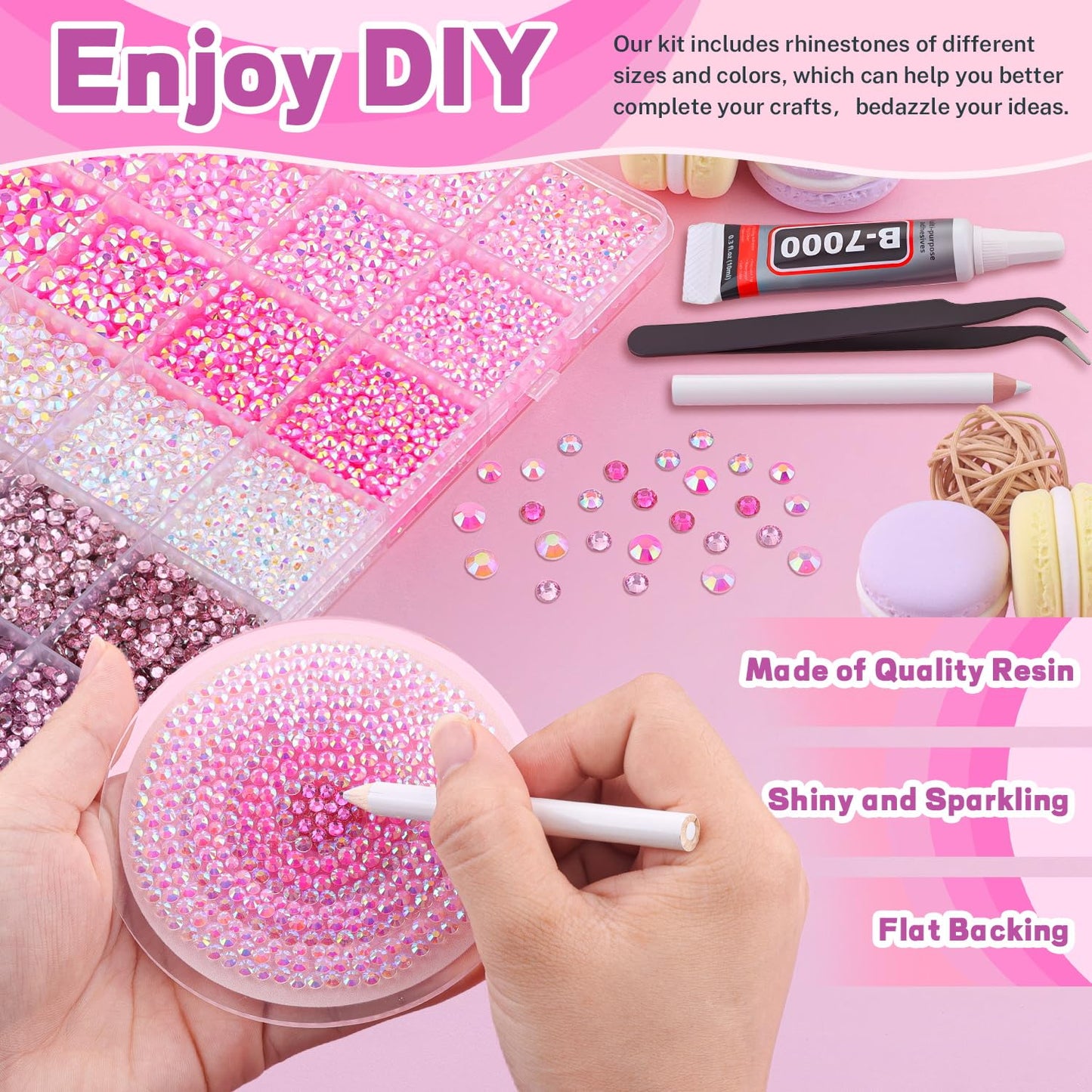 20000Pcs Pink Rhinestones for Bedazzling Kit with 3Pcs B7000 Jewelry Glue, Resin Rhinestones for Crafting Crafts，Bedazzler Kit Flatback Gems for Clothing Shoes Tumblers Nail Art