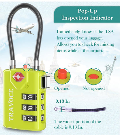 Search Alert TSA Approved Travel Combination Luggage Cable Locks for Suitcase, Gym Locker,Toolbox,Backpack 1,2,4,6 &10 pk (Lime 2 Pack)