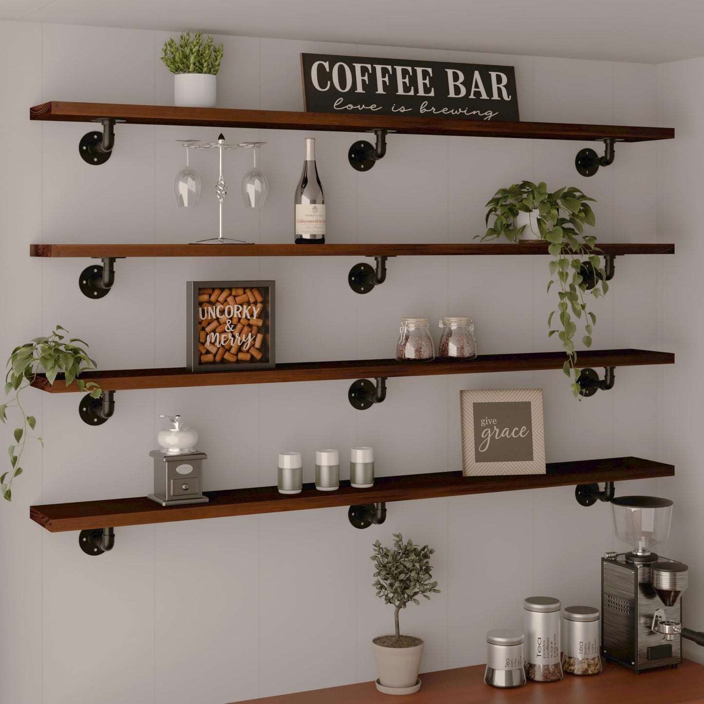 IEO Industrial Pipe Shelving Shelf,Wall Shelves Wood Shelf:Kitchen Shelves, 60 Inches Wood Long Floating Shelves for Wall Farmhouse Pipe Book Shelves Dark Brown for Decor and Bar Shelving