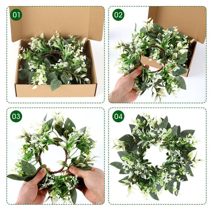 4 Pcs Eucalyptus Candle Ring 4 Inch Center Mini Kitchen Cabinet Wreaths Artificial Small Green Leaves Wreaths Garland Pillar Holder for Home Door Window Farmhouse Wedding Party Table Centerpiece Decor