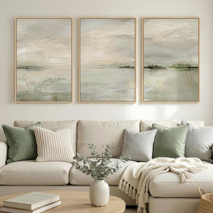 Skiennix Large Framed Sage Green Abstract Landscape Wall Art - 3 Piece Modern Canvas Prints | 24x36 In for Living Room, Office & More