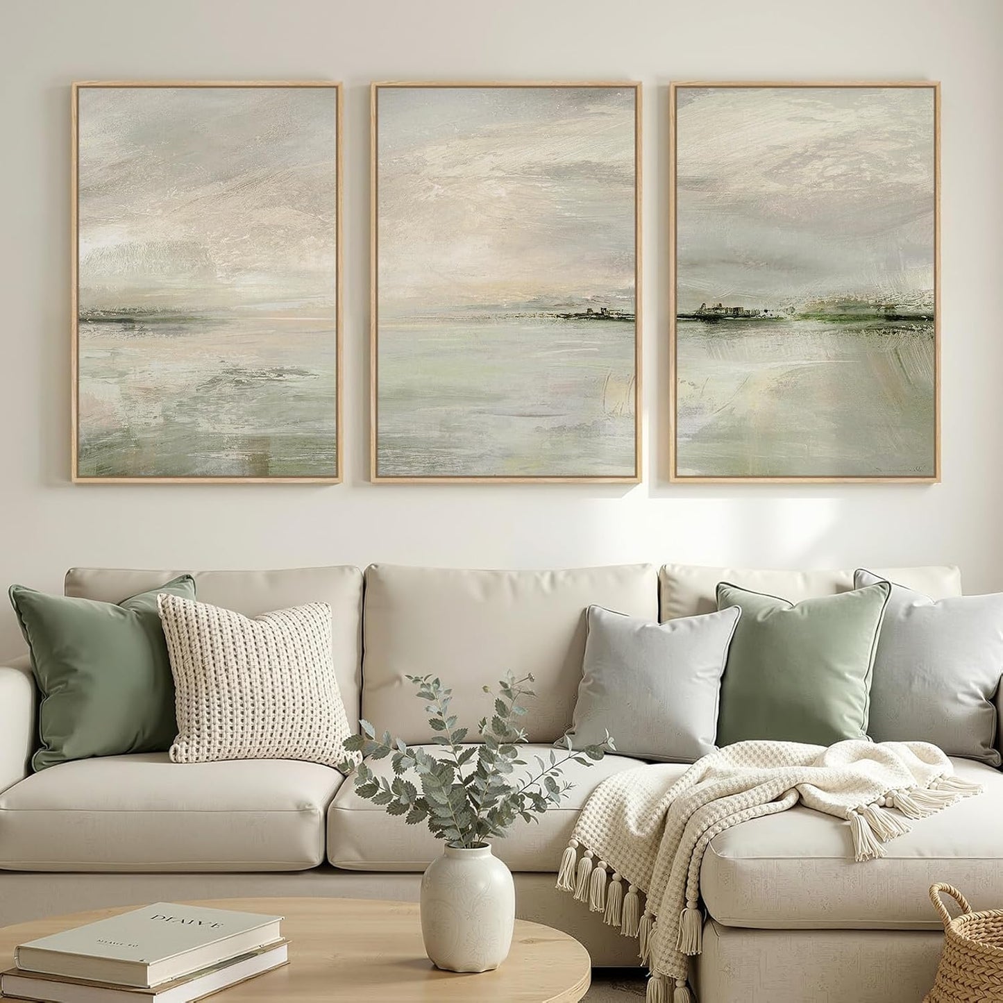 Skiennix Large Framed Sage Green Abstract Landscape Wall Art - 3 Piece Modern Canvas Prints | 24x36 In for Living Room & Office Decor