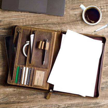 Ringsun Leather Portfolio Organizer with Zipper for Men Women, Leather Padfolio Business Resume Legal Pad Portfolio Notebook Binder for A4/Pad, Brown