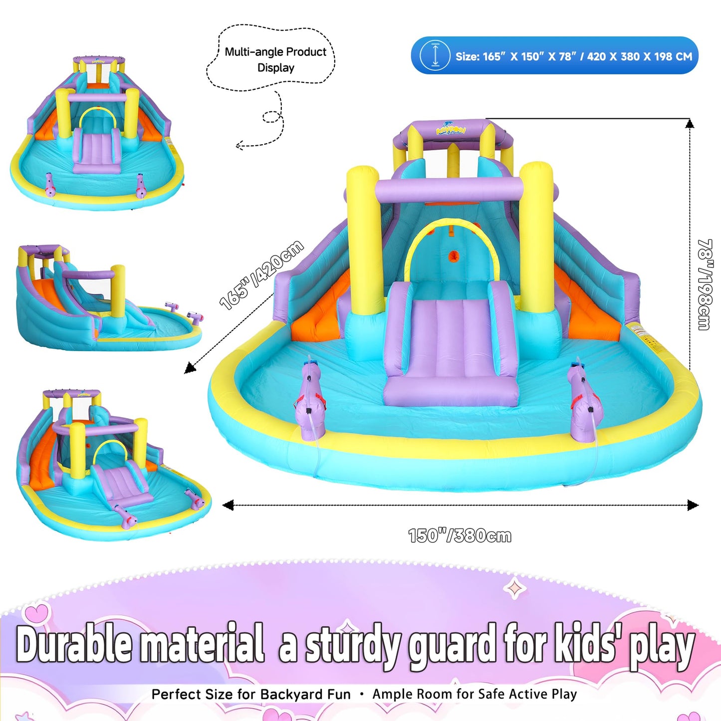 7-in-1 Inflatable Water Slide Bounce House with 3 Slides, Splash Pool, Climbing Wall, Water Gun & Basketball – for Kids Aged 3-10, 520W Blower, 168 x 150 x 78 Inches, Outdoor Backyard Fun