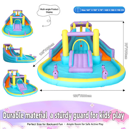 7-in-1 Inflatable Water Slide Bounce House with 3 Slides, Splash Pool, Climbing Wall, Water Gun & Basketball – for Kids Aged 3-10, 520W Blower, 168 x 150 x 78 Inches, Outdoor Backyard Fun