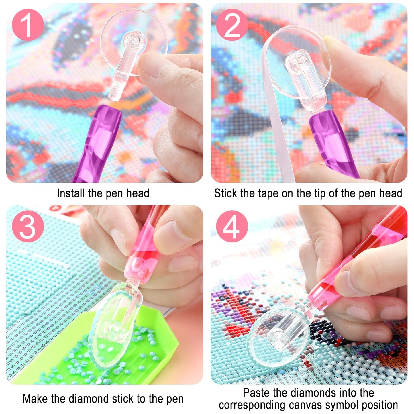 Outus 31 Pcs 5D DIY Diamond Tools Kit with Handmade Resin Painting Pens, Anti-Slip Mats, Plastic Diamond Trays, Clay Boxes, Drill Point Accessories for Adults DIY Craft(Pink, Purple)