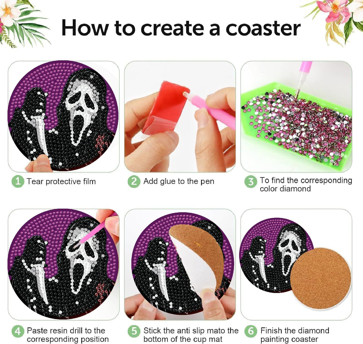 NEGEKFKX 8 Pcs Halloween Diamond Art Painting Coasters Kits,Horror Coaster with Holder for Adults, Non-Slip DIY Dot Paint Craft Kits,5D Full Drill DIY Diamond Dot Gem Art Kit Home Decor Arts Craft