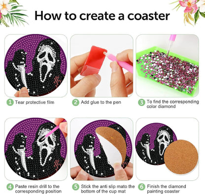 NEGEKFKX 8 Pcs Halloween Diamond Art Painting Coasters Kits,Horror Coaster with Holder for Adults, Non-Slip DIY Dot Paint Craft Kits,5D Full Drill DIY Diamond Dot Gem Art Kit Home Decor Arts Craft