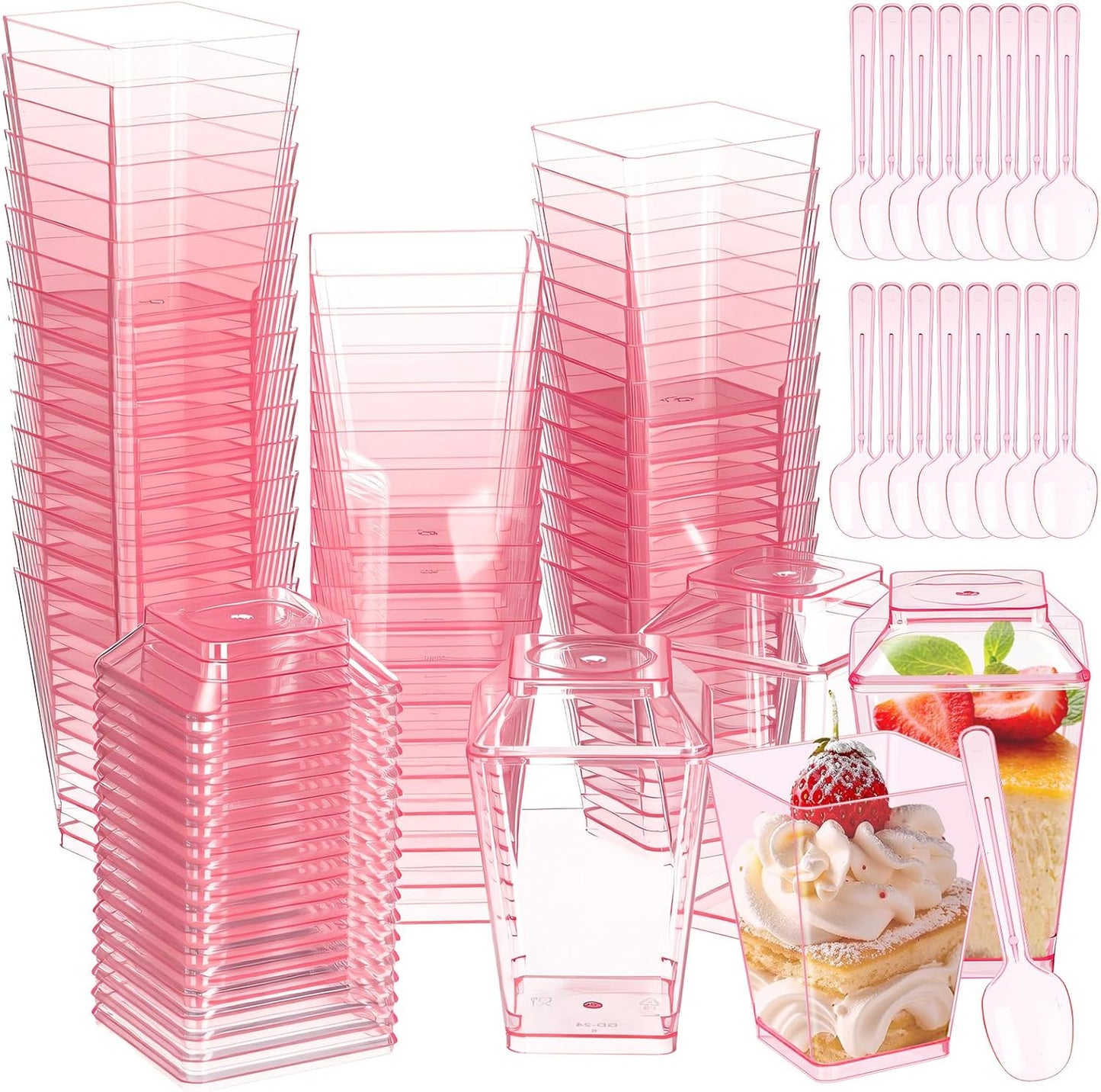 150 5 oz Mifoci Pcs Pink Plastic Dessert Cups with Lids and Spoons Valentine Mini Clear Reusable Yogurt Parfait