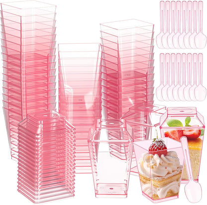 150 5 oz Mifoci Pcs Pink Plastic Dessert Cups with Lids and Spoons Valentine Mini Clear Reusable Yogurt Parfait