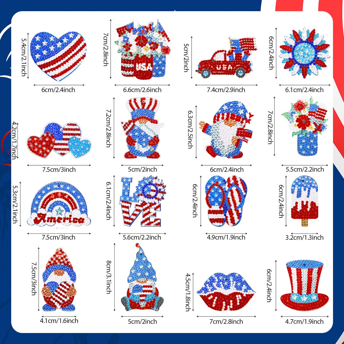 Sasylvia 16 Pcs 4th of July Diamond Painting Keychains Patriotic Diamond Art Kit Gnome Painting Ornaments American Flag Red Blue White DIY Craft 250th Anniversary Decorations for Adult