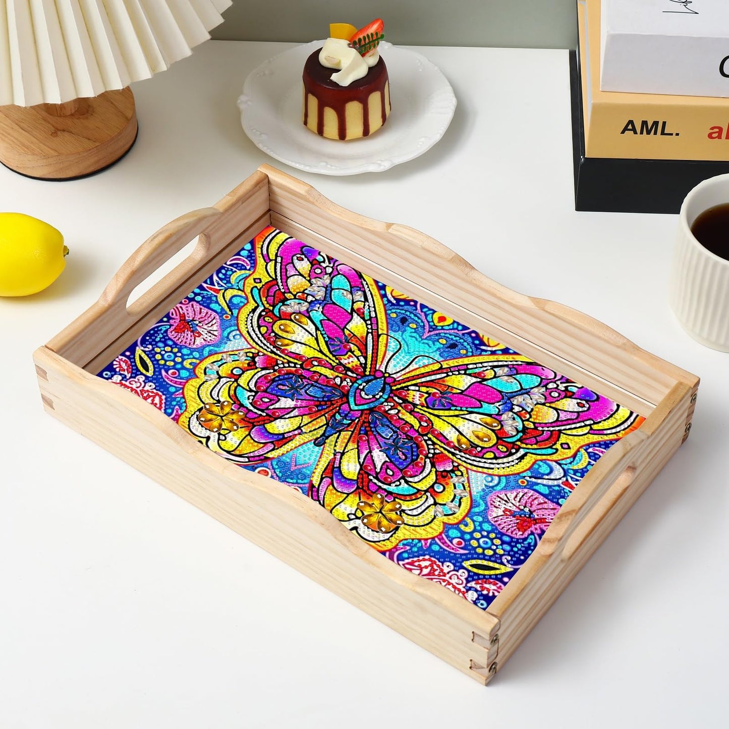 EWJRNSF Diamond Art Kits for Adults Wooden Serving Trays with Handles, 5D Diamond Painting Big Gem Arts and Craft Gifts Trays Decor Gift Home Decor 9.8x13.8 Inches Butterfly A