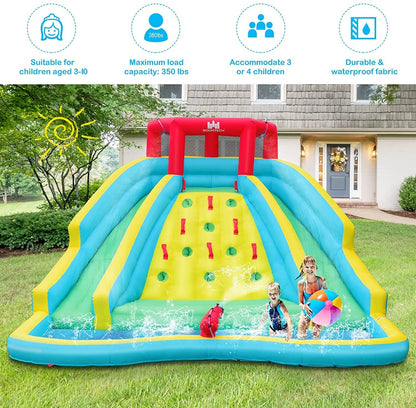 BOUNTECH Inflatable Water Slide Park, 15x12FT Double Slides Kids Mega Waterslide for Outdoor Racing Fun, Heavy Climbing Wall, Blow up Water Slides Inflatables for Big Kids Backyard Party Gifts
