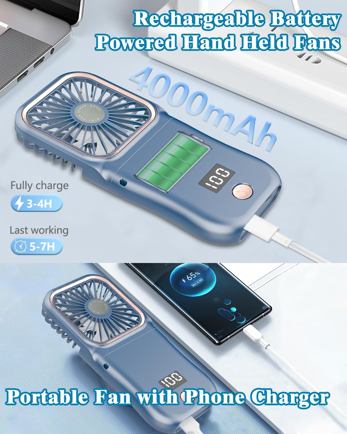 Portable Fan Rechargeable, Handheld 4000mAh Battery Operated Fan with Digital Display, Mini Pocket Fan for